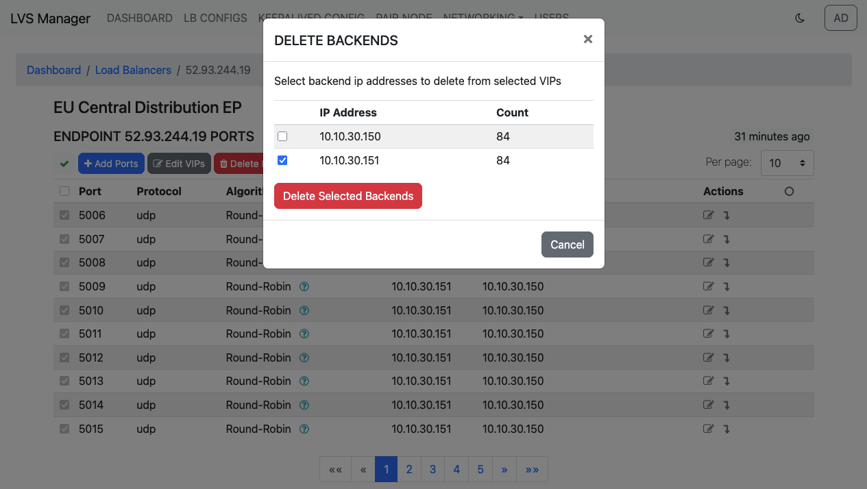 click delete backends